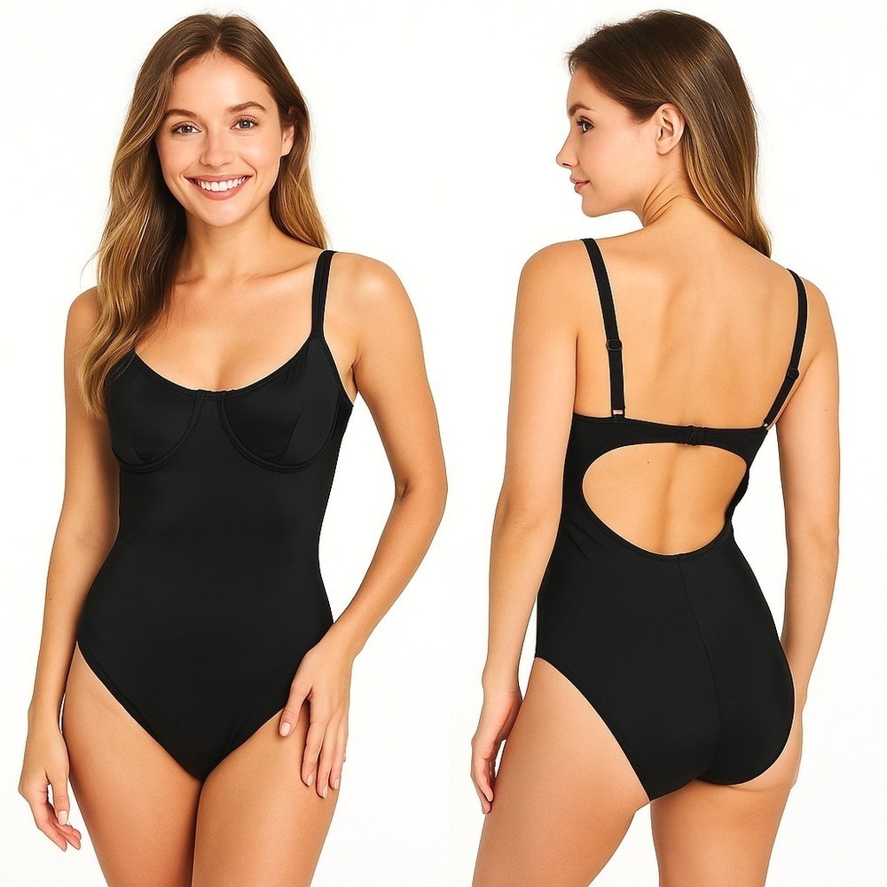 Free Society Black 1PC Swimsuit‎ Small Underwire Cutout Back Carvico Eco Fabric